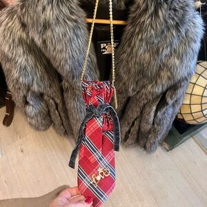 Red Plaid Tie Bag with Gold Chain